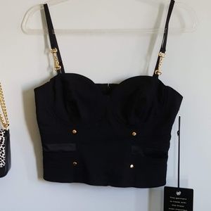 Bebe black bustier tube top with gold accents